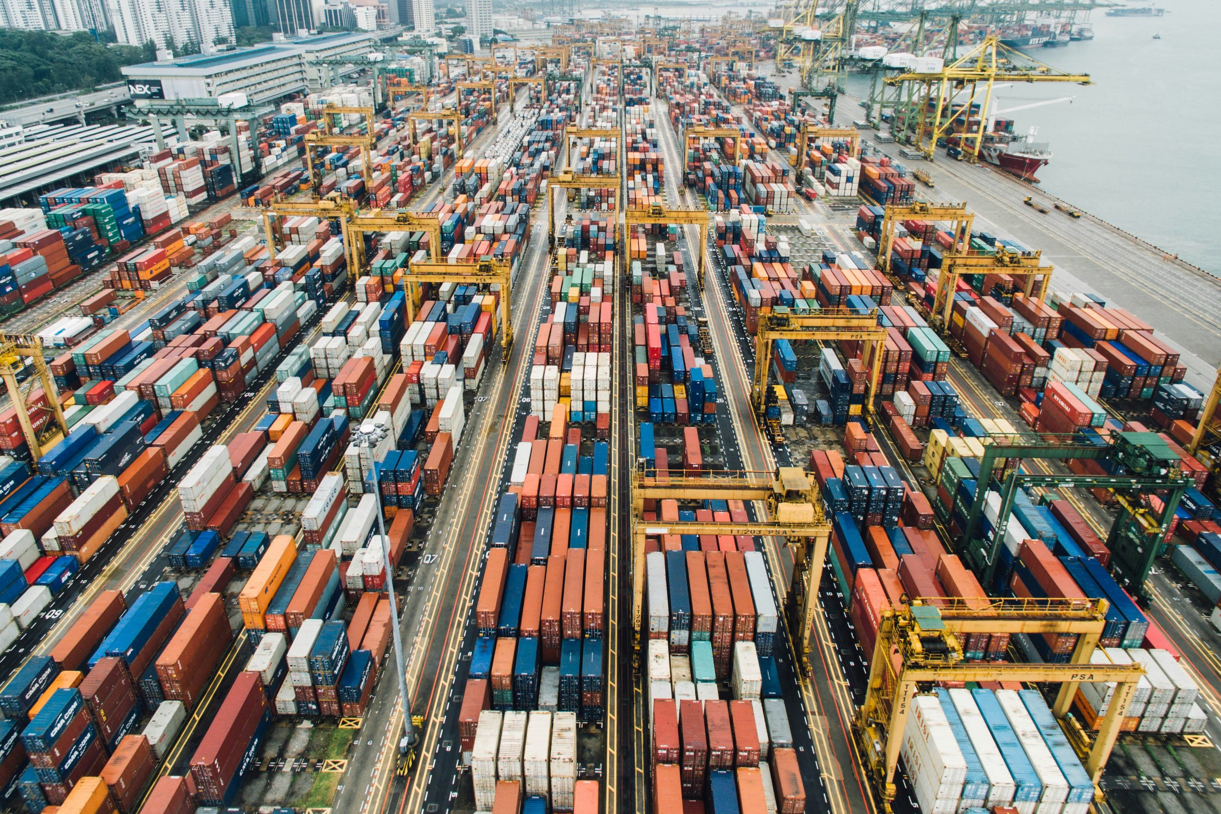 Aerial view of a container terminal with gantry cranes